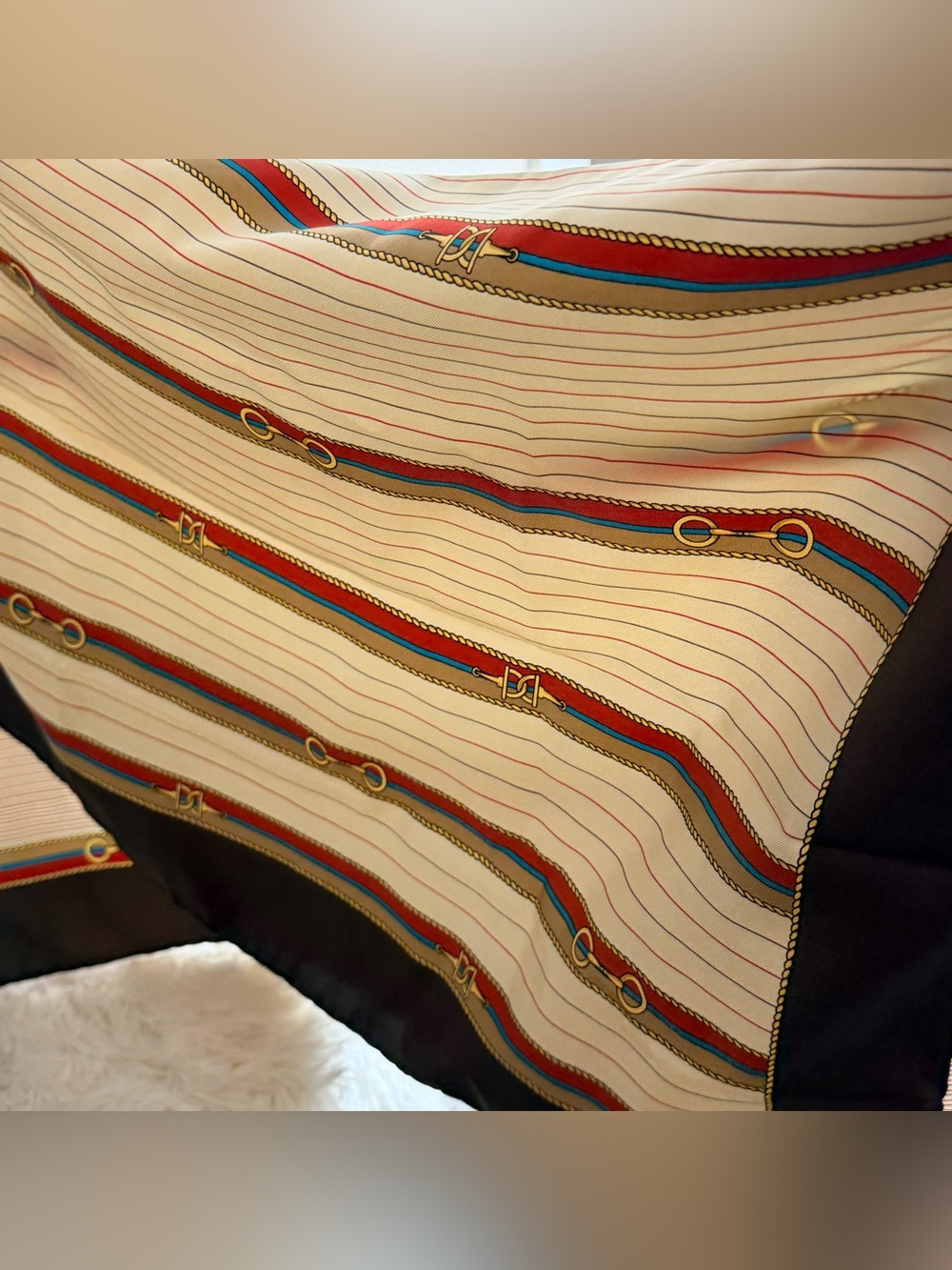 Celine Cream Horse Bit Silk Scarf with Red and Blue Stripe & Brown Border - Picture 4 of 9